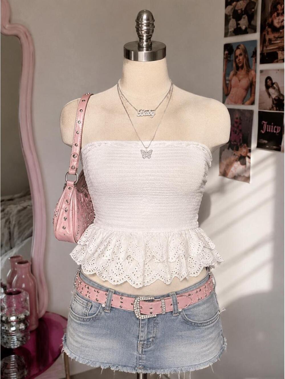 Japna White Smocked Tube Top | Eyelet Ruffle Peplum Women’s M